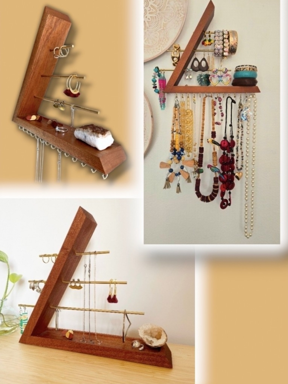 Handmade Wooden Vanity Wall Shelf Jewelry Organizer Display Stand Boho